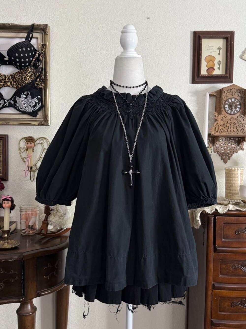 Dark cottagecore black puff sleeve peasant style cotton blouse